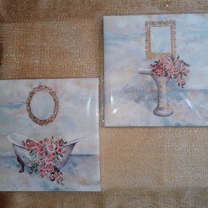 Wall Art Set of 2 Unframed CANVASES, PEDESTAL SINK & CLAWFOOT BATHTUB (Pastels)
